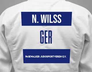 Judo GI with a backnumber showing the name Niklas Wilss from Pasewalker Judosportverein e.V.