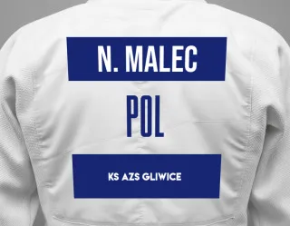 Judo GI with a backnumber showing the name Nikodem Malec from KS AZS Gliwice