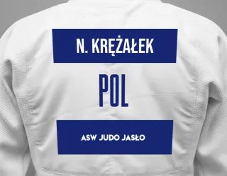 Judo GI with a backnumber showing the name Nikola Krężałek from ASW Judo Jasło