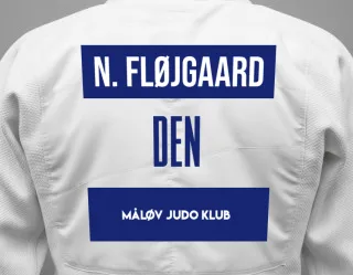 Judo GI with a backnumber showing the name Nikolaj Fløjgaard from Måløv Judo Klub