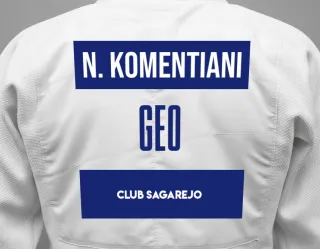 Judo GI with a backnumber showing the name Nikoloz Komentiani from Club Sagarejo