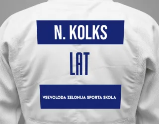 Judo GI with a backnumber showing the name Niks Kolks from Vsevoloda Zelonija sporta skola