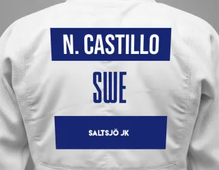 Judo GI with a backnumber showing the name Nilo Eriksson Castillo from Saltsjö JK