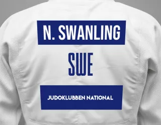 Judo GI with a backnumber showing the name Noa Swanling from Judoklubben National
