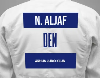 Judo GI with a backnumber showing the name Noah Aljaf from Århus Judo Klub