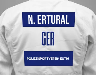 Judo GI with a backnumber showing the name Noah Ertural from Polizeisportverein Eutin