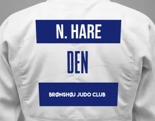 Judo GI with a backnumber showing the name Noah Hare from Brønshøj Judo Club