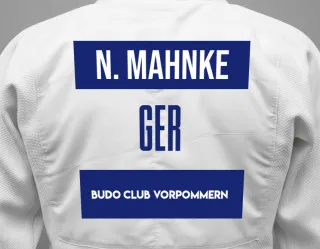 Judo GI with a backnumber showing the name Noah Mahnke from Budo Club Vorpommern