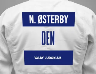 Judo GI with a backnumber showing the name Noah Østerby from Valby Judoklub