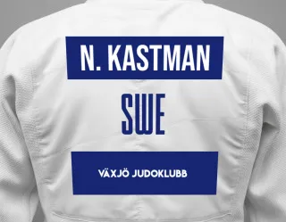 Judo GI with a backnumber showing the name Noel Kastman from Växjö Judoklubb