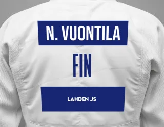Judo GI with a backnumber showing the name Noel Vuontila from Lahden JS