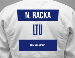 Judo GI with a backnumber showing the name Norbertas Racka from Traku KKSC