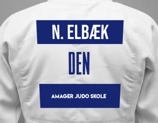 Judo GI with a backnumber showing the name Nord Klink Elbæk from Amager Judo Skole