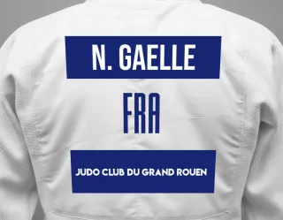 Judo GI with a backnumber showing the name Nzussing Gaelle from Judo Club du Grand Rouen