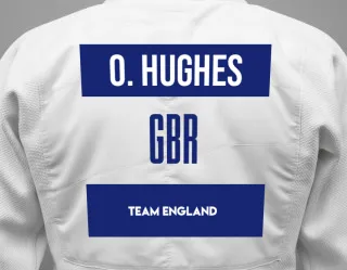 Judo GI with a backnumber showing the name Ocean Hughes from Team England