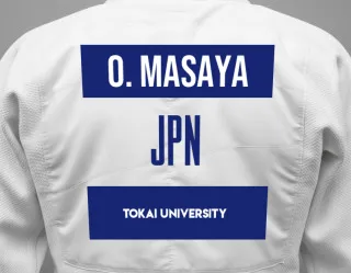 Judo GI with a backnumber showing the name Ogata Masaya from Tokai University
