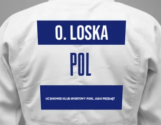Judo GI with a backnumber showing the name Olaf Loska from Uczniowski Klub Sportowy Pohl Judo Przemęt