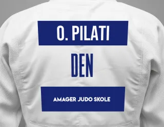 Judo GI with a backnumber showing the name Olaf Pilati from Amager Judo Skole