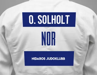 Judo GI with a backnumber showing the name Ole Magnus Sandø Solholt from Nidaros judoklubb