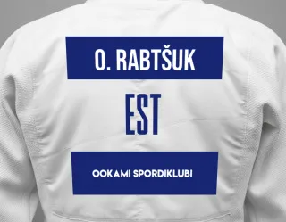 Judo GI with a backnumber showing the name Oliver Rabtšuk from Ookami Spordiklubi