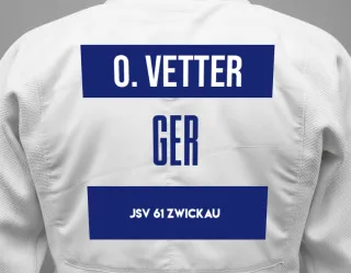 Judo GI with a backnumber showing the name Oliver Vetter from JSV 61 Zwickau