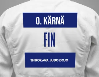 Judo GI with a backnumber showing the name Olivia Kärnä from Shirokawa Judo dojo