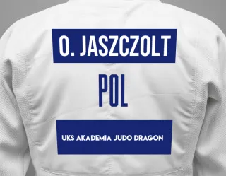 Judo GI with a backnumber showing the name Oliwier  Jaszczolt from UKS Akademia Judo Dragon