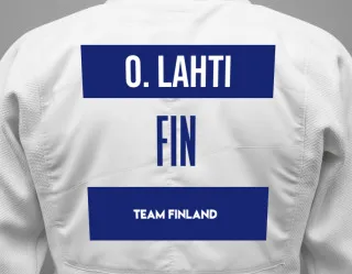 Judo GI with a backnumber showing the name Olli Lahti from Team Finland