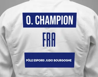 Judo GI with a backnumber showing the name Oriane Champion from Pôle Espoirs Judo Bourgogne