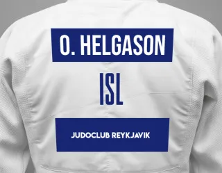 Judo GI with a backnumber showing the name Orri Helgason from Judoclub Reykjavik