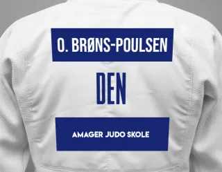 Judo GI with a backnumber showing the name Oscar Joe Brøns-Poulsen from Amager Judo Skole
