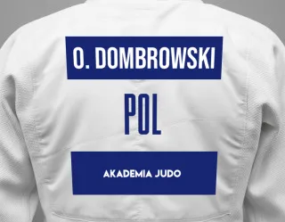 Judo GI with a backnumber showing the name Oskar Dombrowski from Akademia Judo