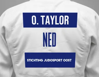 Judo GI with a backnumber showing the name Owen Taylor from Stichting Judosport Oost