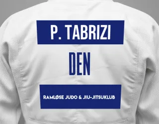Judo GI with a backnumber showing the name Parsa Ebadi Tabrizi from Ramløse Judo & Jiu-Jitsuklub