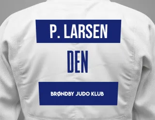 Judo GI with a backnumber showing the name Patrick Blirup Larsen from Brøndby Judo Klub