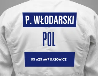 Judo GI with a backnumber showing the name Patryk Włodarski from KS AZS AWF Katowice