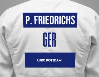 Judo GI with a backnumber showing the name Paul Friedrichs from UJKC Potsdam