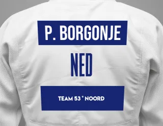 Judo GI with a backnumber showing the name Paula Borgonje from Team 53 ° Noord