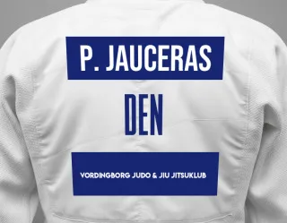 Judo GI with a backnumber showing the name Paulius Jauceras from Vordingborg judo & jiu jitsuklub