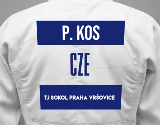 Judo GI with a backnumber showing the name Pavel Kos from TJ Sokol Praha Vršovice