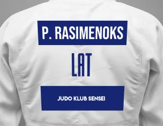 Judo GI with a backnumber showing the name Pavels Rasimenoks from Judo Klub Sensei