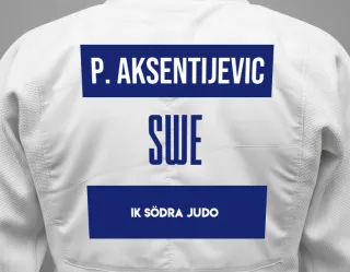 Judo GI with a backnumber showing the name Pavle Aksentijevic from IK Södra Judo