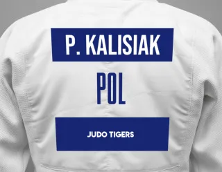 Judo GI with a backnumber showing the name Paweł Kalisiak from Judo Tigers