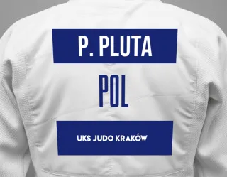 Judo GI with a backnumber showing the name Paweł Pluta from UKS Judo Kraków 