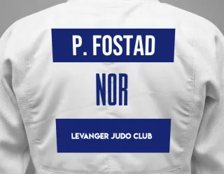 Judo GI with a backnumber showing the name Peder Fostad from Levanger Judo Club