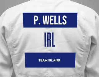 Judo GI with a backnumber showing the name Penny Wells from Team Irland