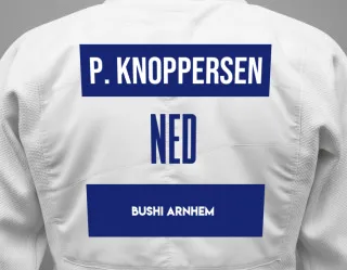 Judo GI with a backnumber showing the name Pepijn Knoppersen from Bushi Arnhem