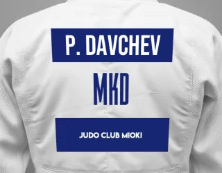 Judo GI with a backnumber showing the name Petar Davchev from Judo Club Mioki
