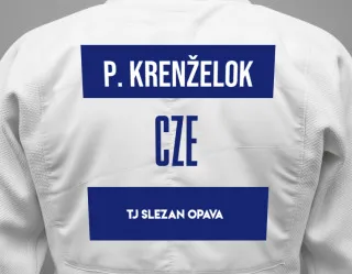 Judo GI with a backnumber showing the name Petr Krenželok from TJ Slezan Opava