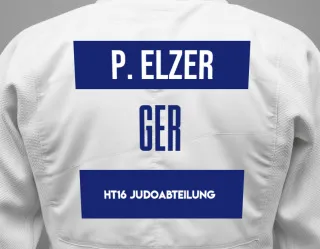 Judo GI with a backnumber showing the name Phillip Elzer from HT16 Judoabteilung